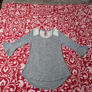 Gray Long Sleeve Top with Lace Accents